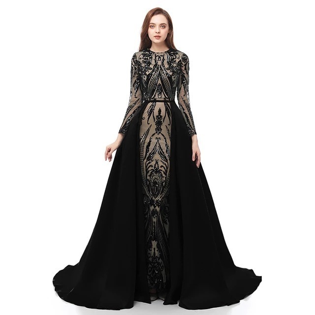 Top quality Arabic Mermaid Evening Dresses Long Sleeves Red Carpet Celebrity Event Formal Party Prom Gowns