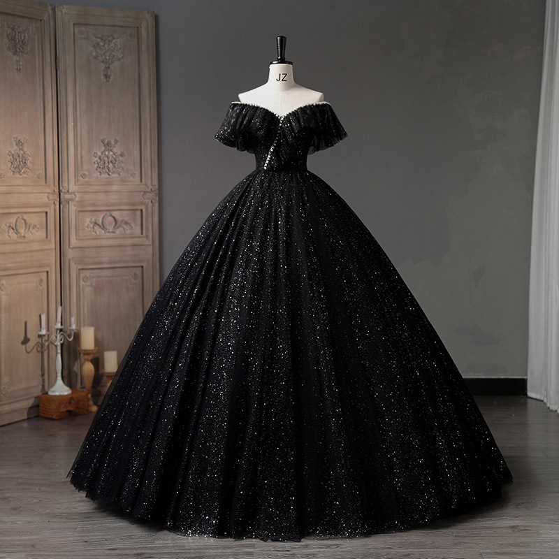 Sexy V-Neck Tulle Ball Gown Party Prom Birthday Princess Costume Sequin Beaded Pearl Bridesmaid Women Lady Black Evening Dress