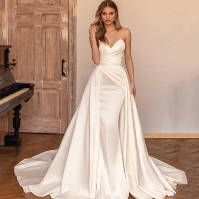 Thinyfull 2 Pieces Soft Satin Removable Skirt Bridal Party Gowns Pleats Long Bride Dress Mermaid Wedding Dresses