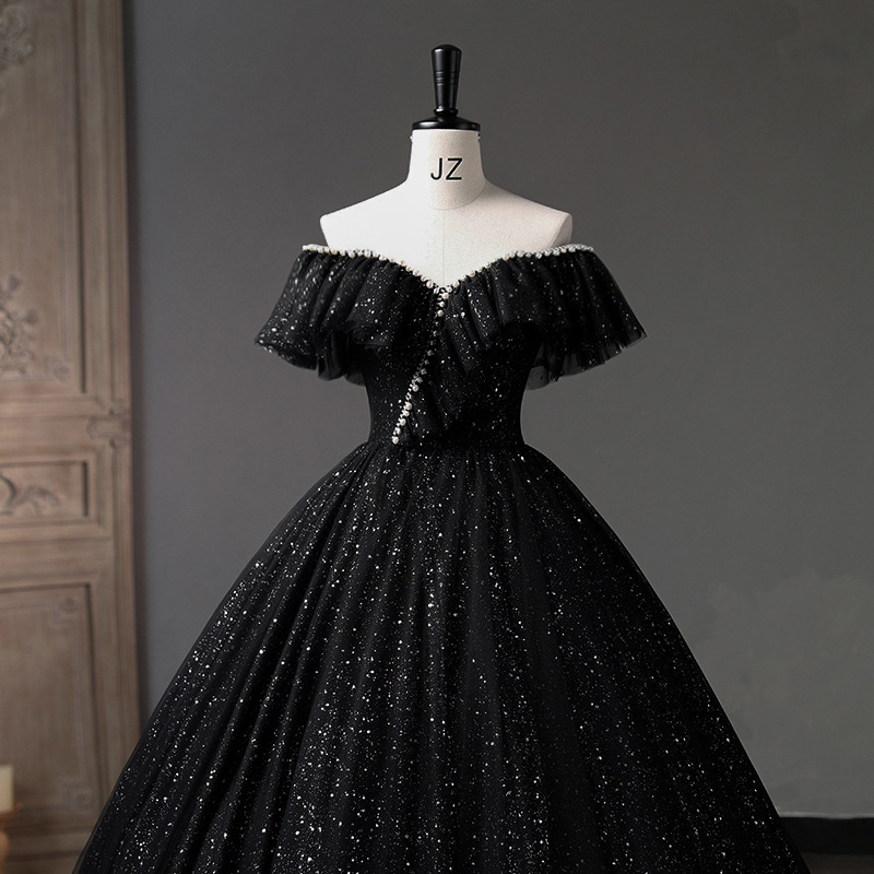 Sexy V-Neck Tulle Ball Gown Party Prom Birthday Princess Costume Sequin Beaded Pearl Bridesmaid Women Lady Black Evening Dress