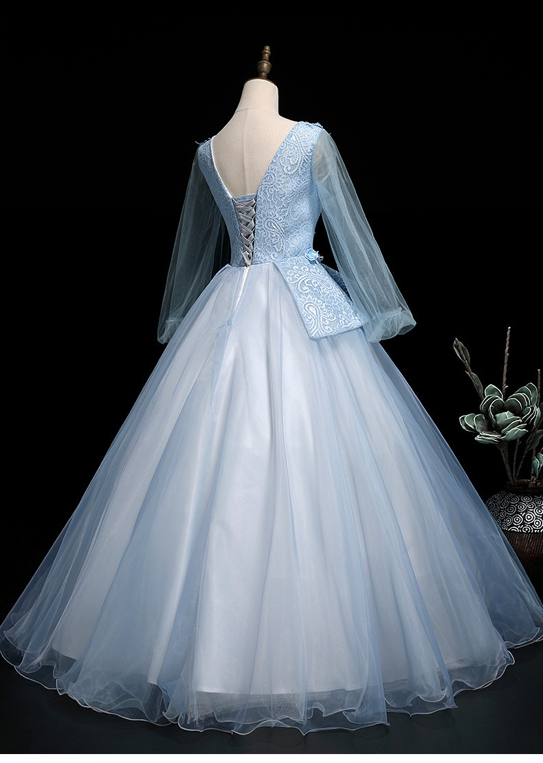 Light Blue Lace Veil Rococo Ball Gown Long Medieval Dress Renaissance Gown Royal Quinceanera Evening Dresses