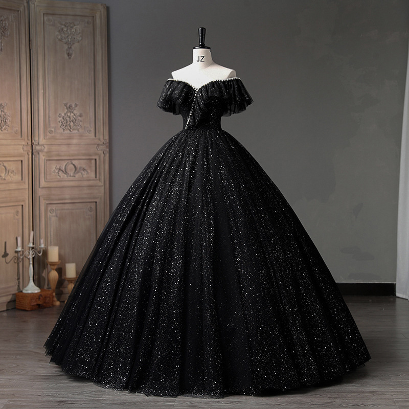 Sexy V-Neck Tulle Ball Gown Party Prom Birthday Princess Costume Sequin Beaded Pearl Bridesmaid Women Lady Black Evening Dress