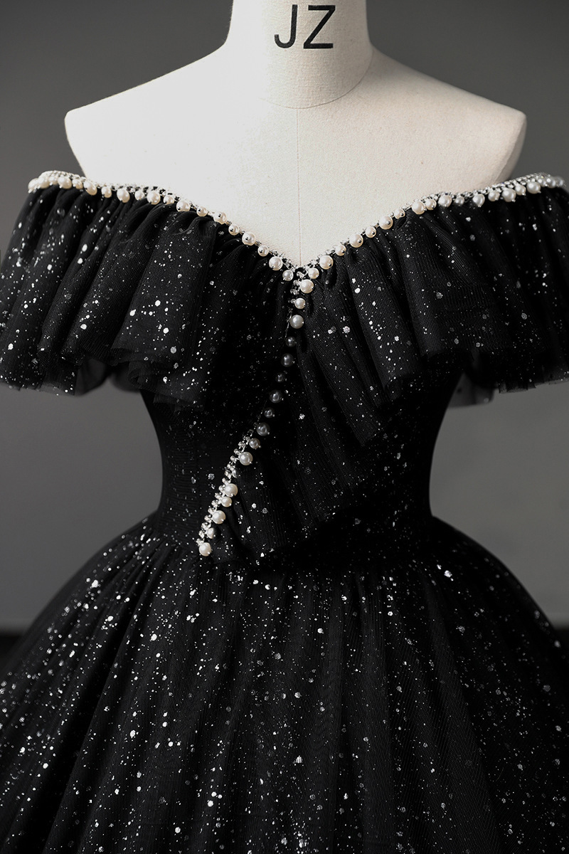 Sexy V-Neck Tulle Ball Gown Party Prom Birthday Princess Costume Sequin Beaded Pearl Bridesmaid Women Lady Black Evening Dress