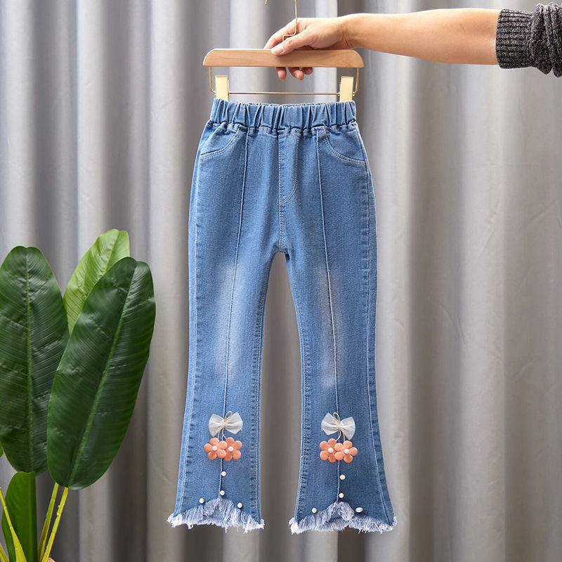 Girls jeans spring autumn 2024 western style soft bell bottoms for kids little girl