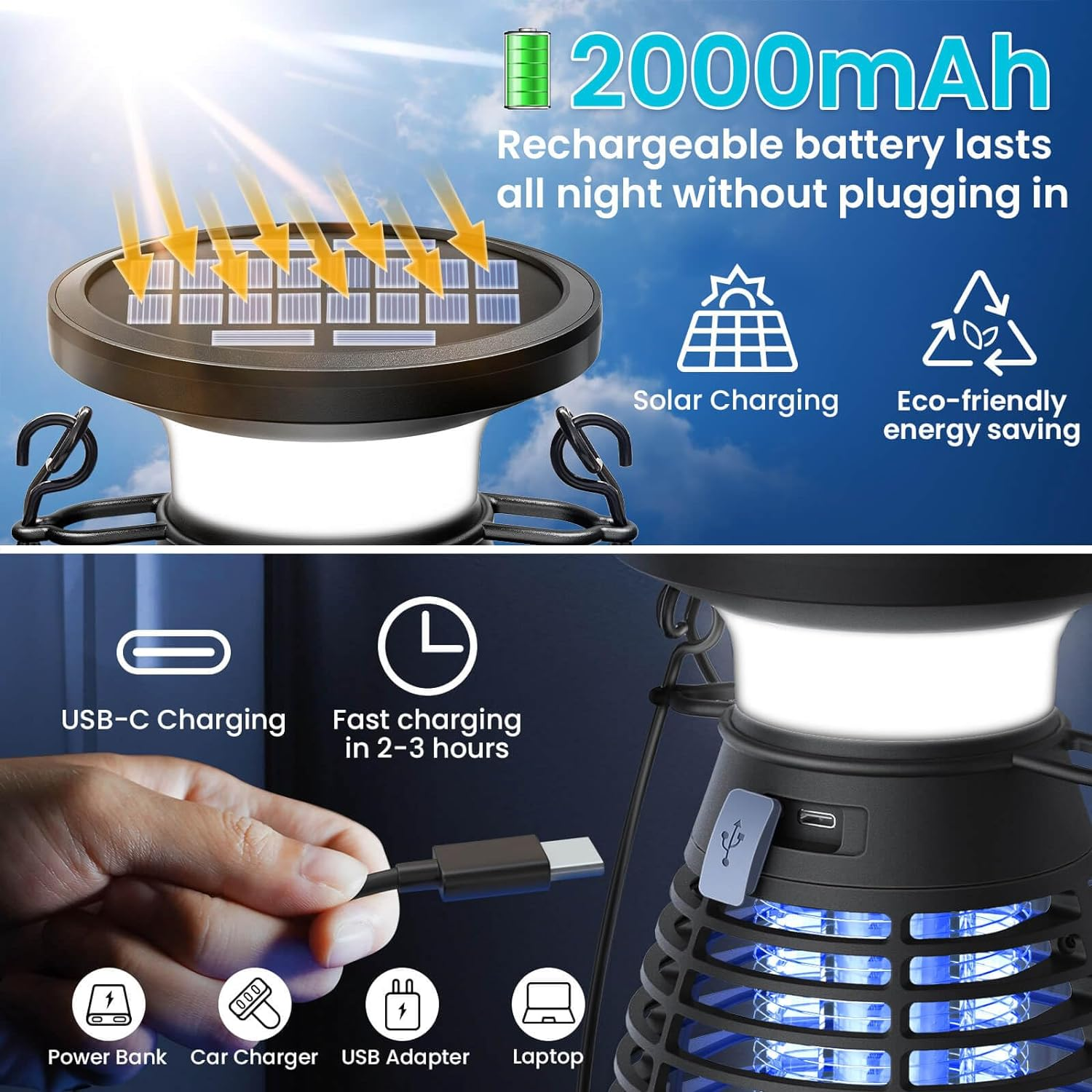 Camping Home Patio Backyard Kitchen USB Rechargeable Waterproof Fly Zapper Outdoor Indoor Cordless Mosquito Zapper