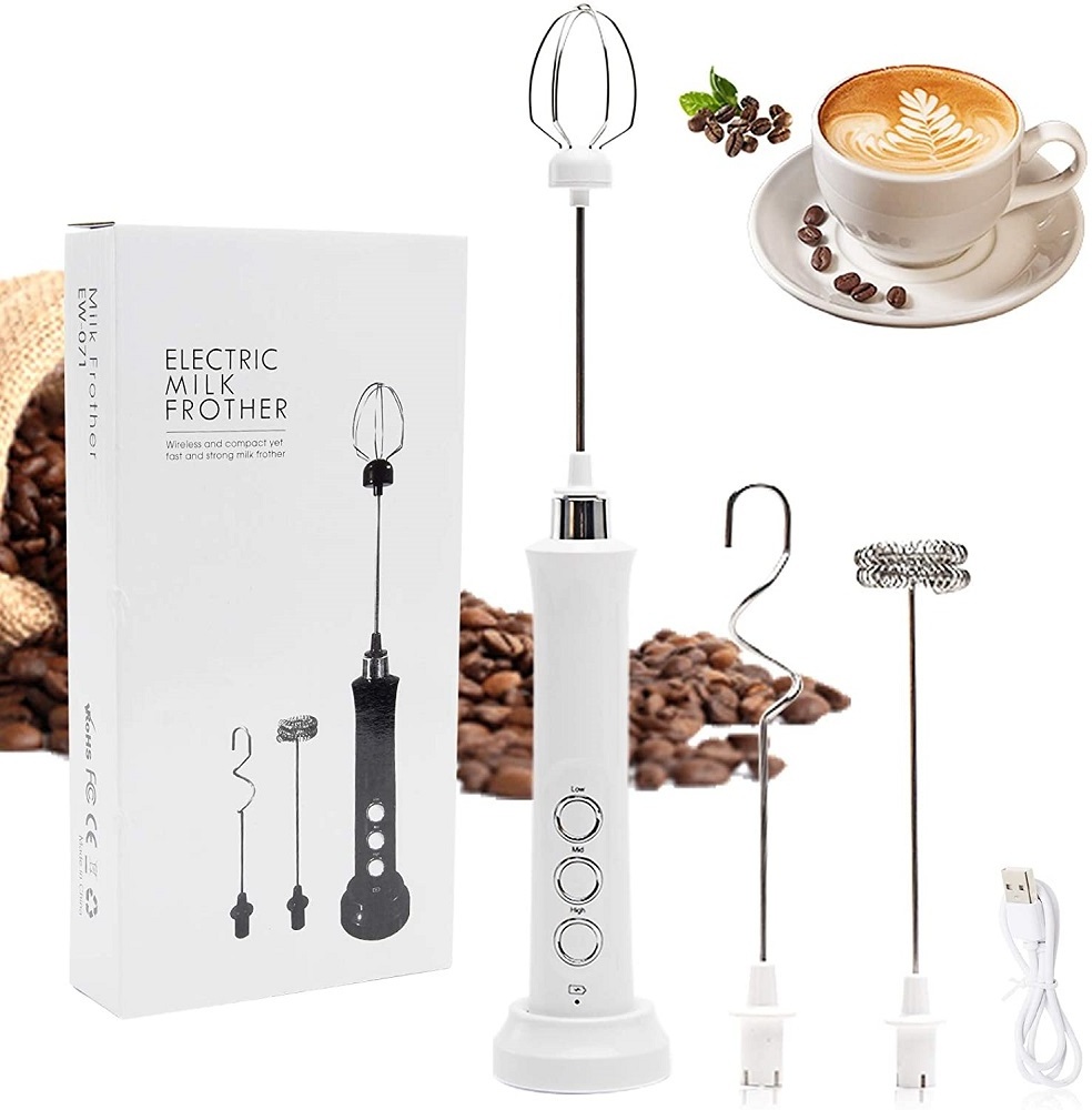 Powerful usb rechargeable Milk Frother Handheld Electric aeroccino Milk Coffee Foam Maker with 3 Whisks White Black