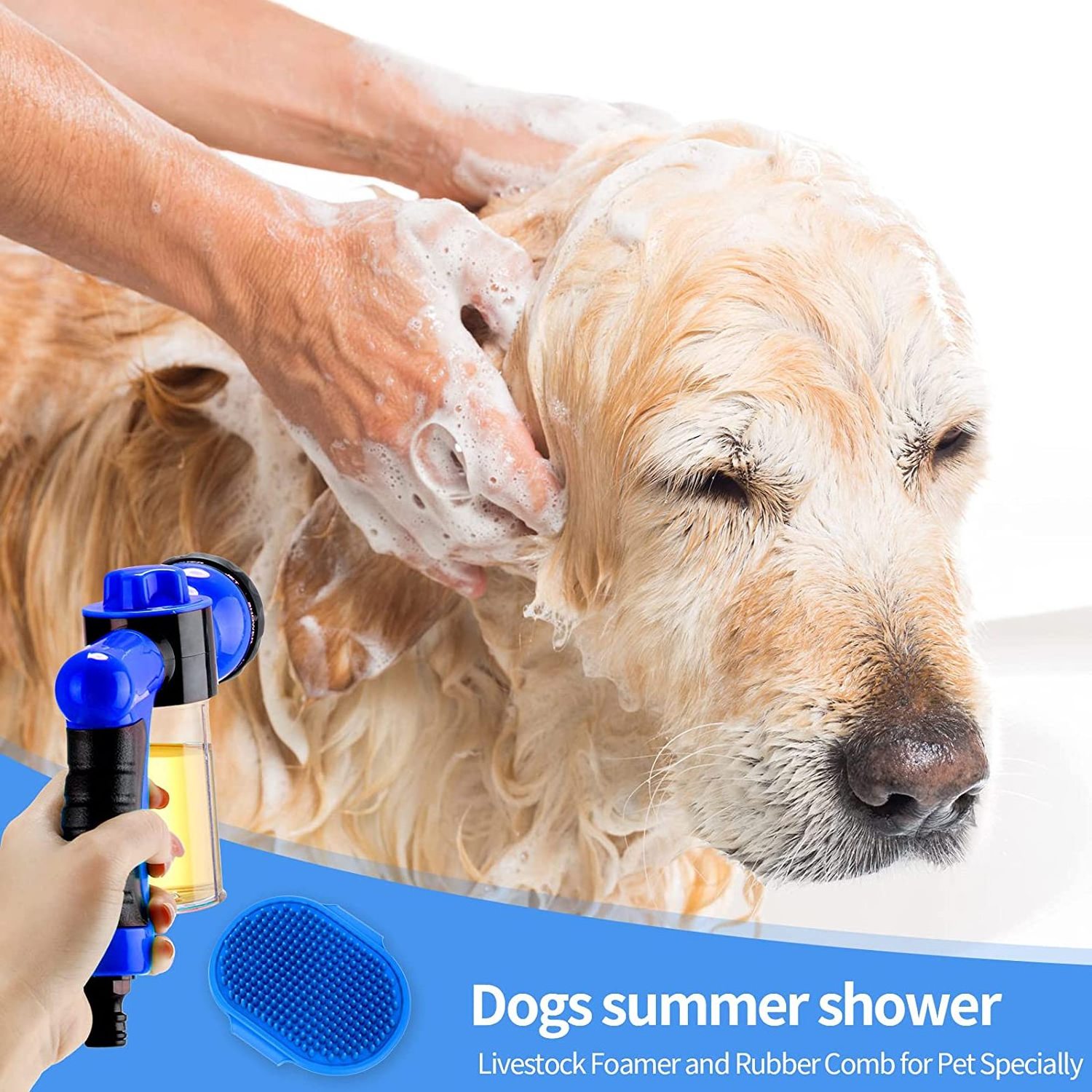 Pet Bath Sprayer with Rubber Groom Brush Car Wash Sprayer with Foaming Soap Dispenser Hose Connector Garden Flower Spr