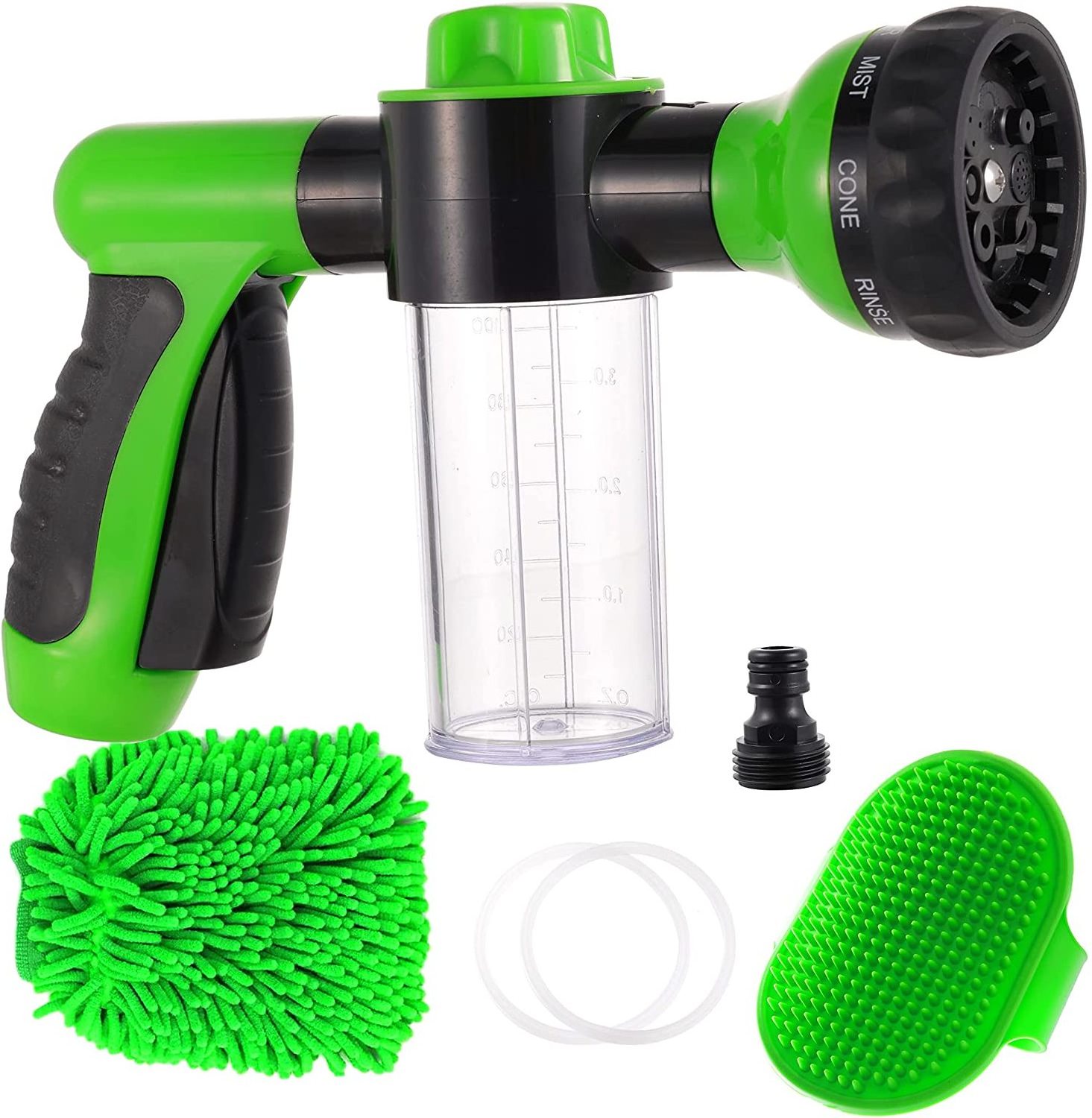 Pet Bath Sprayer with Rubber Groom Brush Car Wash Sprayer with Foaming Soap Dispenser Hose Connector Garden Flower Spr