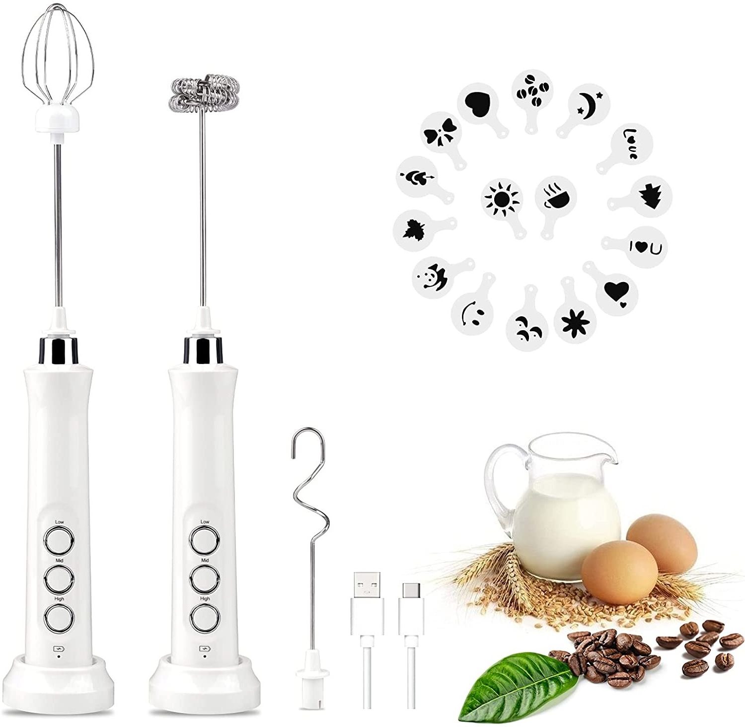 Powerful usb rechargeable Milk Frother Handheld Electric aeroccino Milk Coffee Foam Maker with 3 Whisks White Black