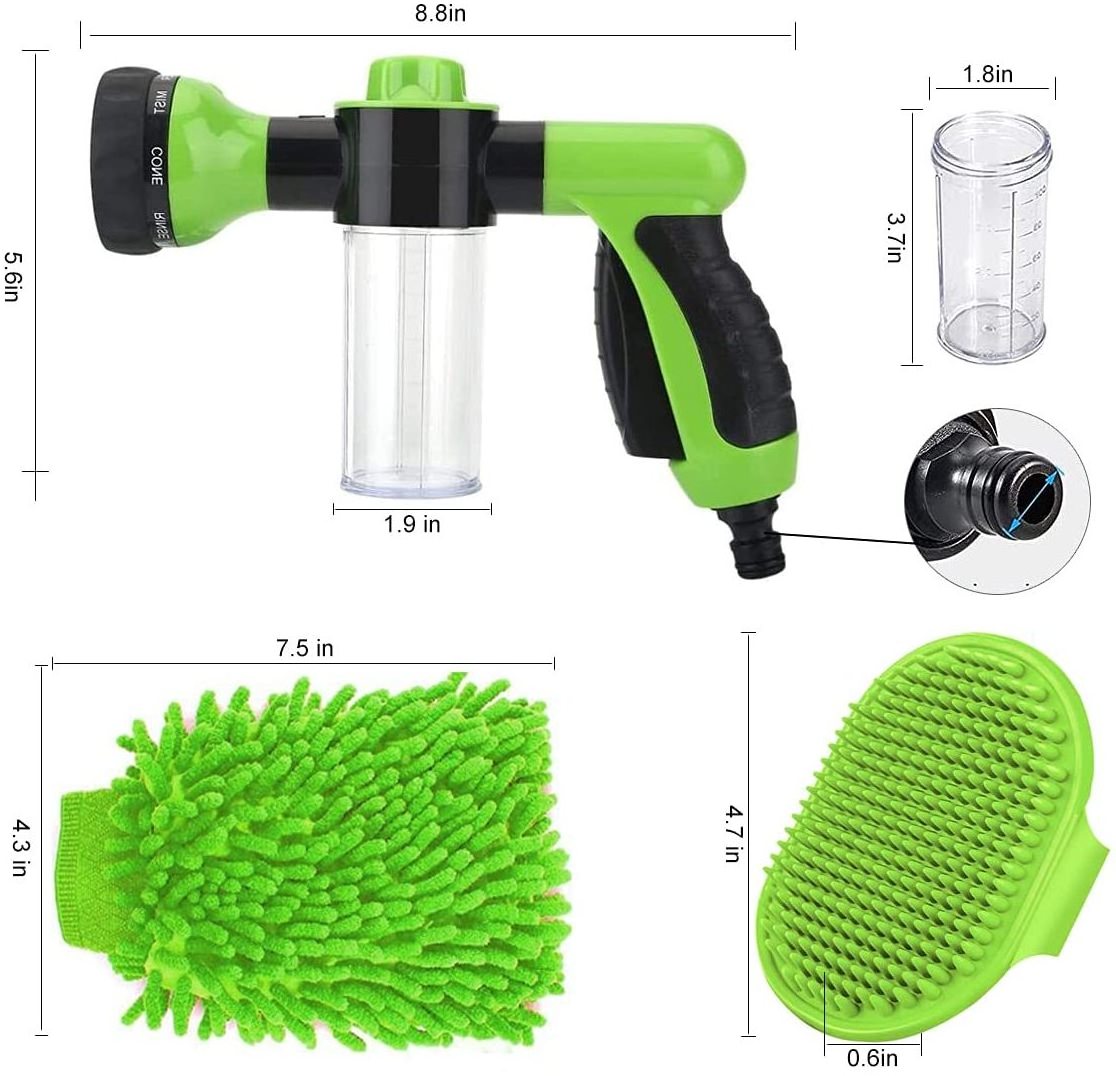 Pet Bath Sprayer with Rubber Groom Brush Car Wash Sprayer with Foaming Soap Dispenser Hose Connector Garden Flower Spr