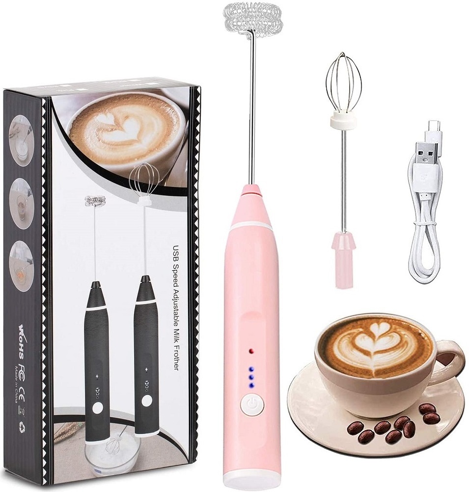 Pink usb rechargeable milk frother handheld coffee foam maker electric egg beater and milk frother heater glass milk frother