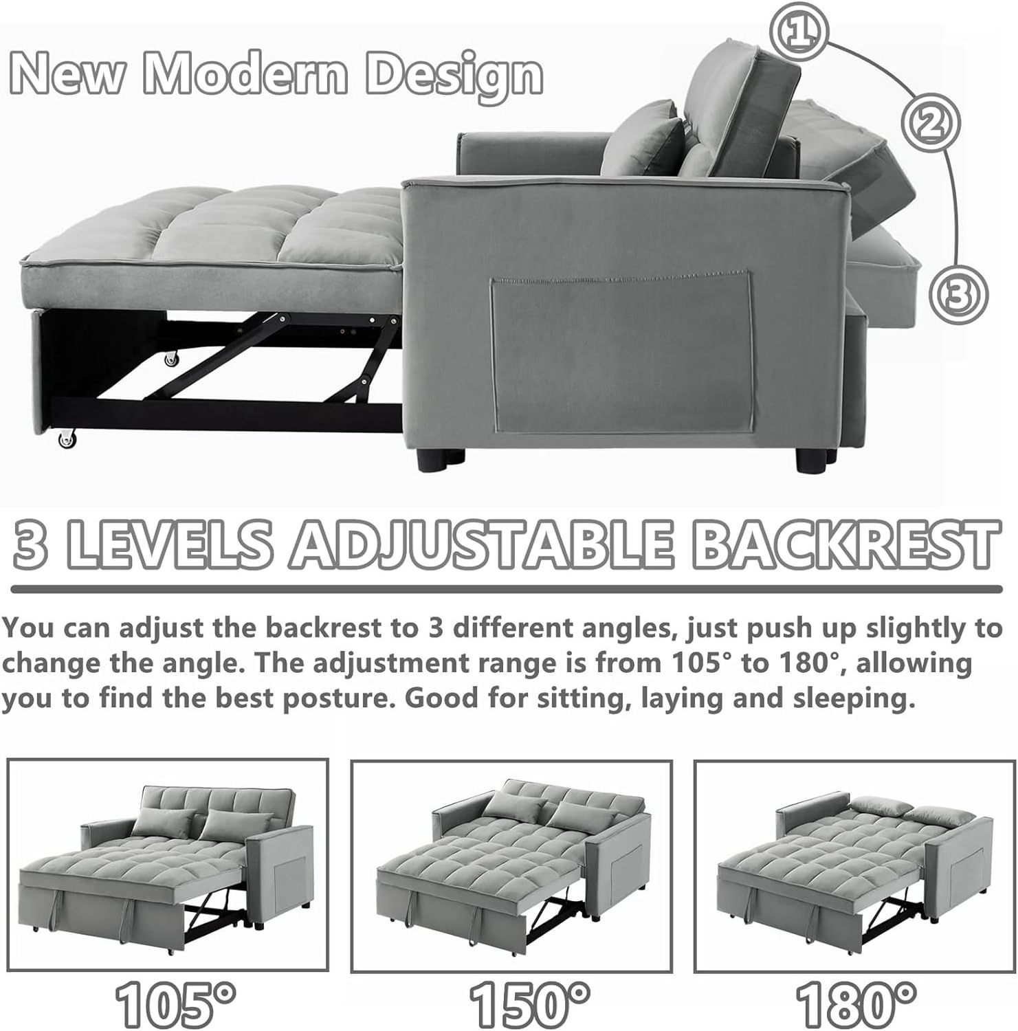 Modern Pull out Sleeper Sofa Bed 3 IN 1 Convertible Loveseats Couch 2 Seater Sofa Bed with Side Pockets