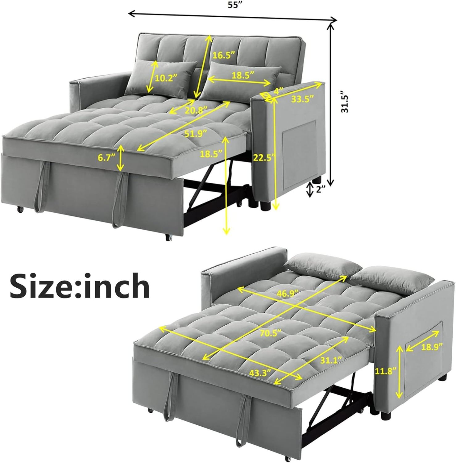 Modern Pull out Sleeper Sofa Bed 3 IN 1 Convertible Loveseats Couch 2 Seater Sofa Bed with Side Pockets