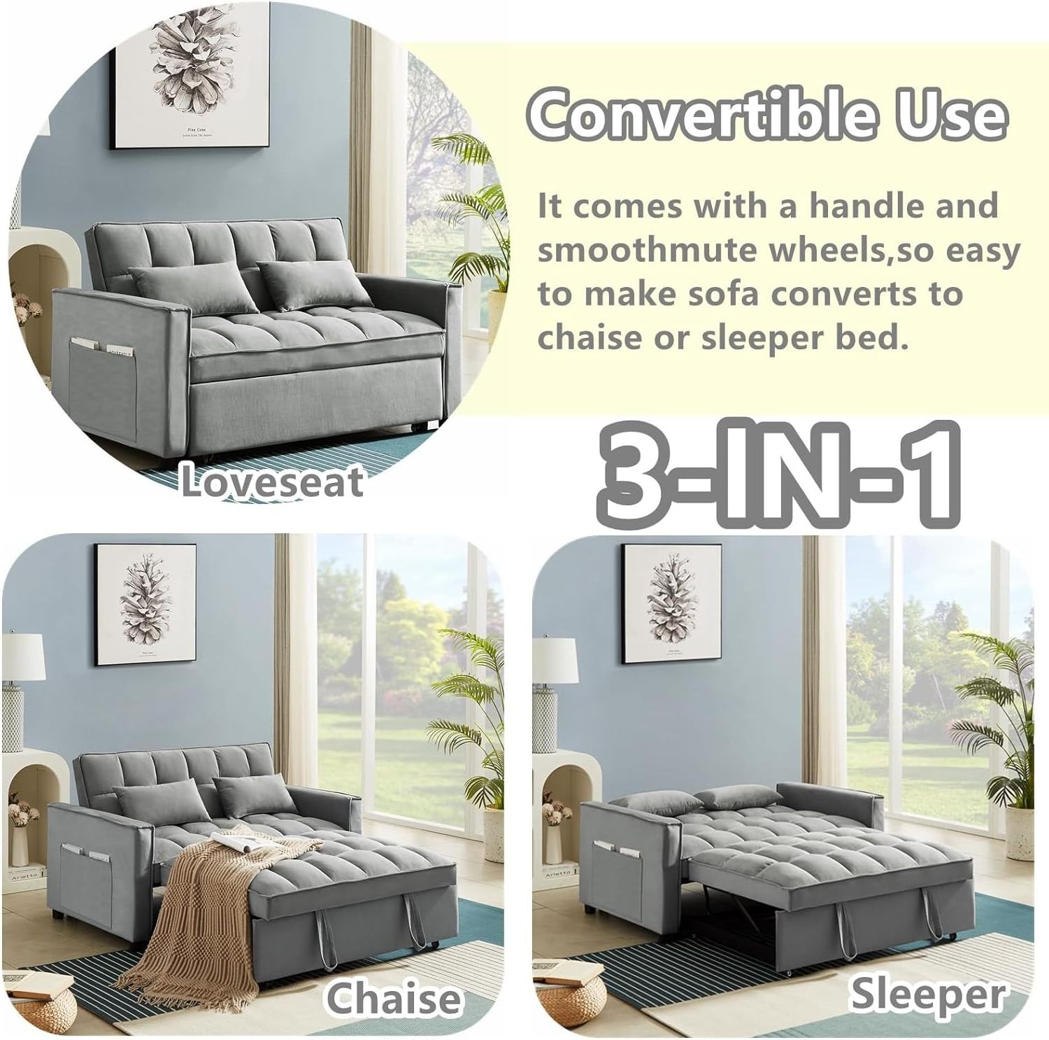 Modern Pull out Sleeper Sofa Bed 3 IN 1 Convertible Loveseats Couch 2 Seater Sofa Bed with Side Pockets