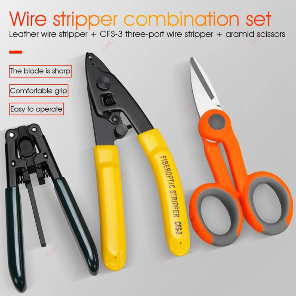 3 packs Fiber Optic Tool Kit CFS-3 Double/Three-Port Fiber Optical Stripper and Aramid Scissors and 3mm * 2mm Wire Stripper