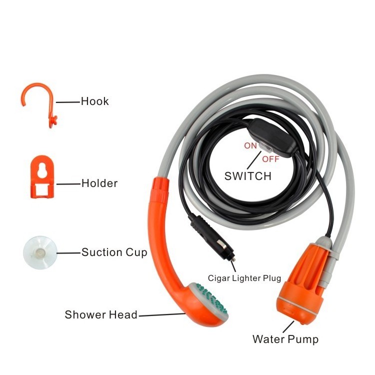 12V Camping portable shower with submersible pump for outdoor camping, beach showering, car washing, fishing, boating