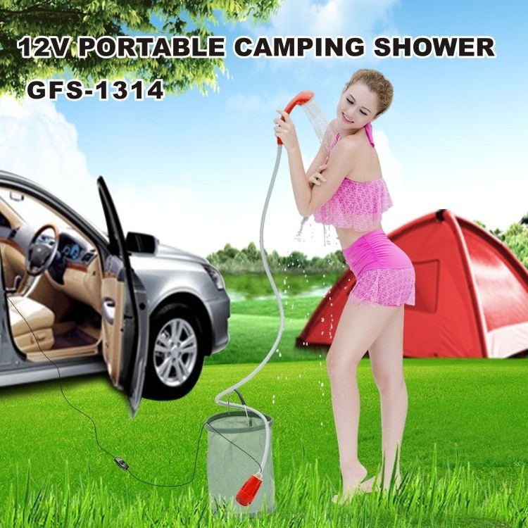 12V Camping portable shower with submersible pump for outdoor camping, beach showering, car washing, fishing, boating