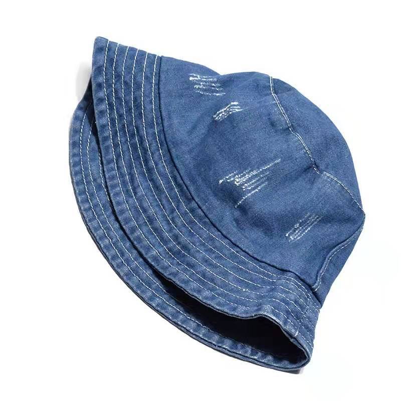 OEM Custom Logo Solid Color Jean Blank Fisherman Cap Sun Hat, Stylish Outdoor Distressed Denim Plain Bucket Hat