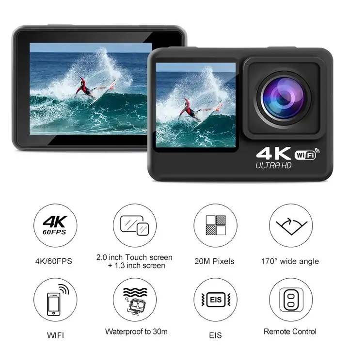 4K Action Camera 4K 60FPS EIS Anti-shake Dual Screen 170D 5X Zoom 30M Waterproof Video Recording WiFi Sport Camera