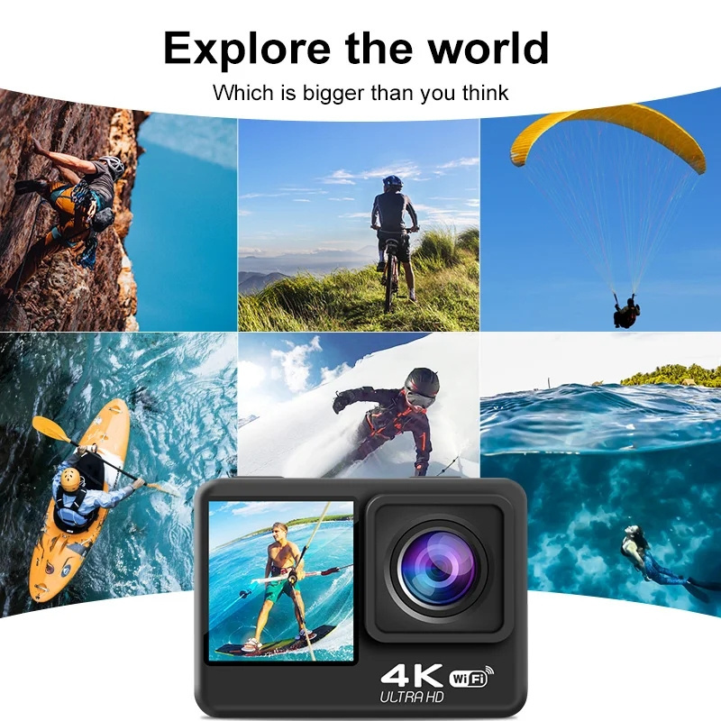 4K Action Camera 4K 60FPS EIS Anti-shake Dual Screen 170D 5X Zoom 30M Waterproof Video Recording WiFi Sport Camera