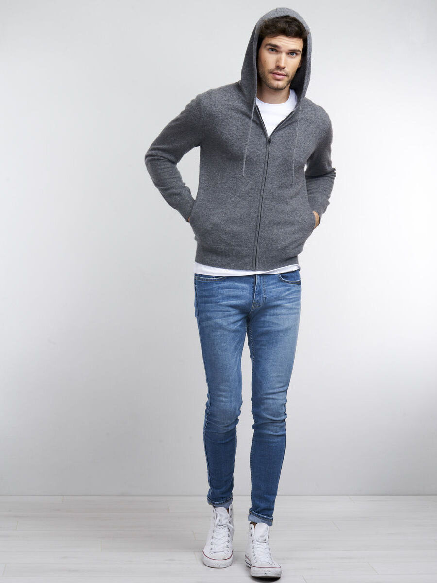 luxurious cozy full zipper fine knit loose fit long sleeves with rib cuff men's cashmere hooded cardigan