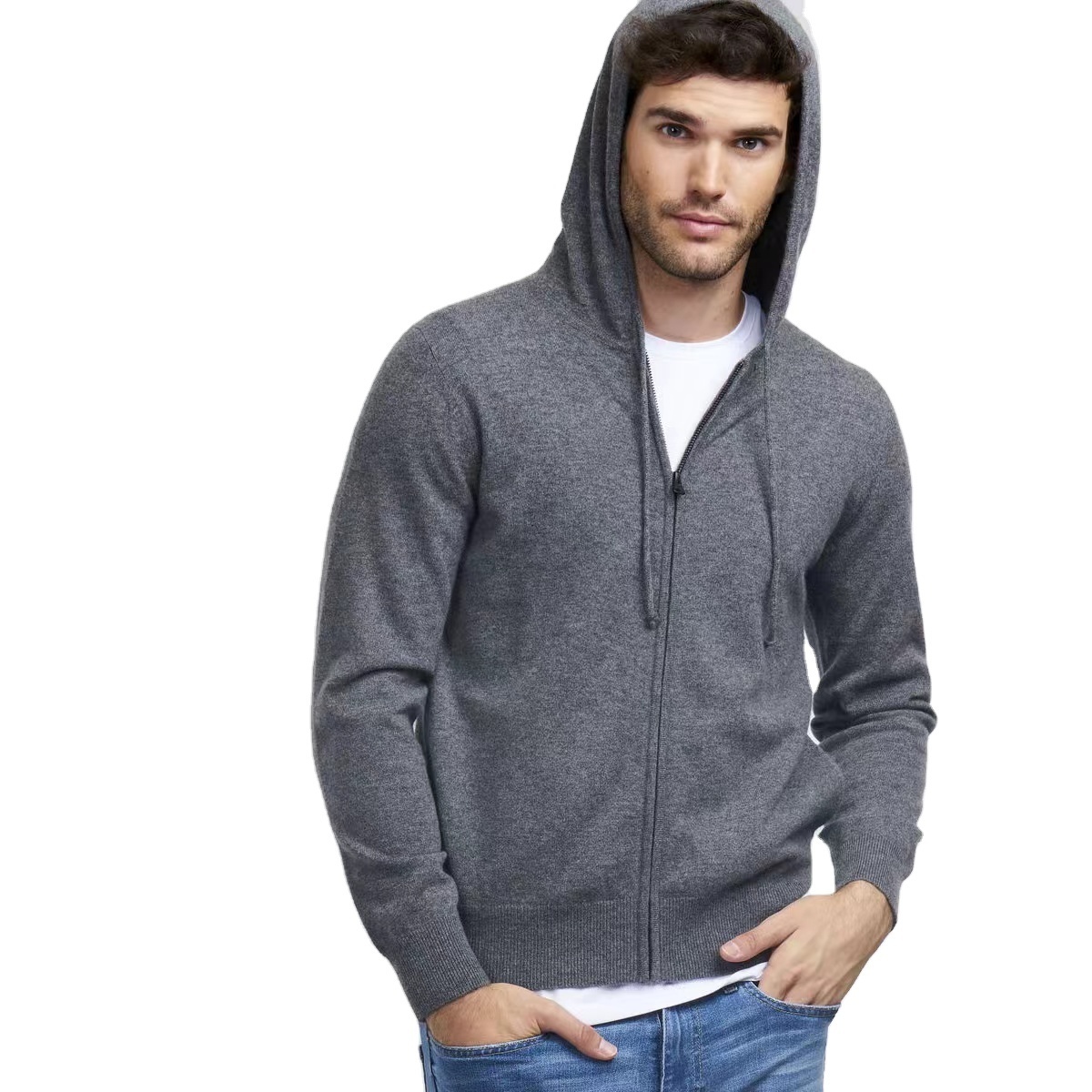 luxurious cozy full zipper fine knit loose fit long sleeves with rib cuff men's cashmere hooded cardigan