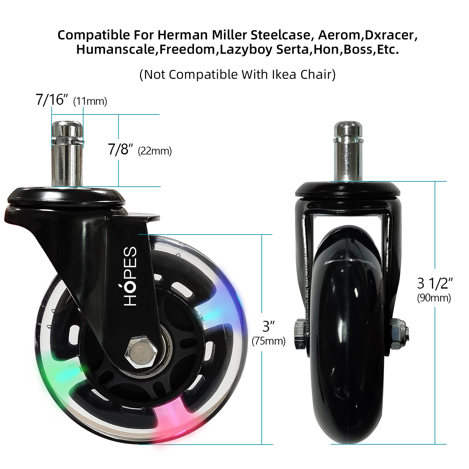 3 Inch PU Motion Luminescence Office Chair Caster Wheels Luminous Swivel Roller Replacement