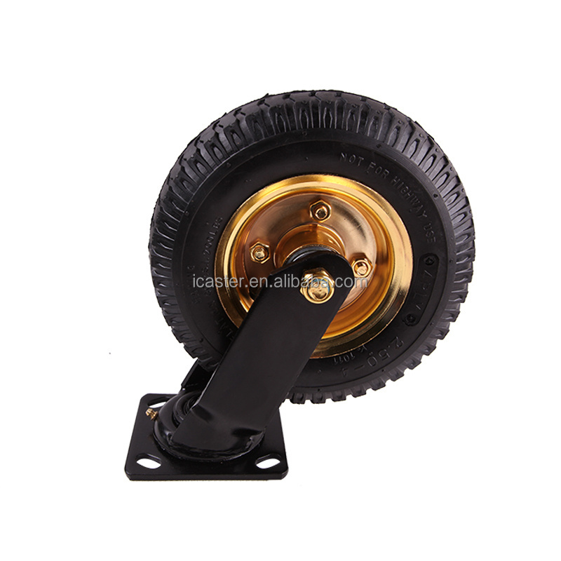 Heavy Duty Industrial Steel Plate Swivel Caster Wheels Hotel Luggage Cart 8 Inch Black Rubber Pneumatic Roller Wheels