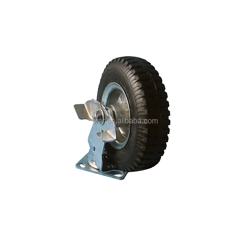 Heavy Duty Industrial Steel Plate Swivel Roller Casters 8 inch Rubber Pneumatic Rigid Wheels with Side Brake