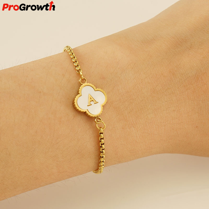 Stainless Steel 18k Gold Plated Clover Natural Shell Letter Bracelets Adjustable Fashion Jewelry For Women Non Tarnish Bracelet