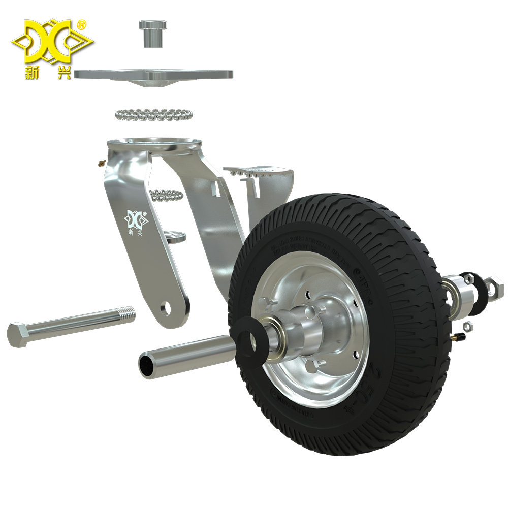 Heavy Duty Galvanized Pneumatic Swivel Plate Wheel Caster with 8 inch Rubber Air Tires Hotel Luggage Cart Hardware