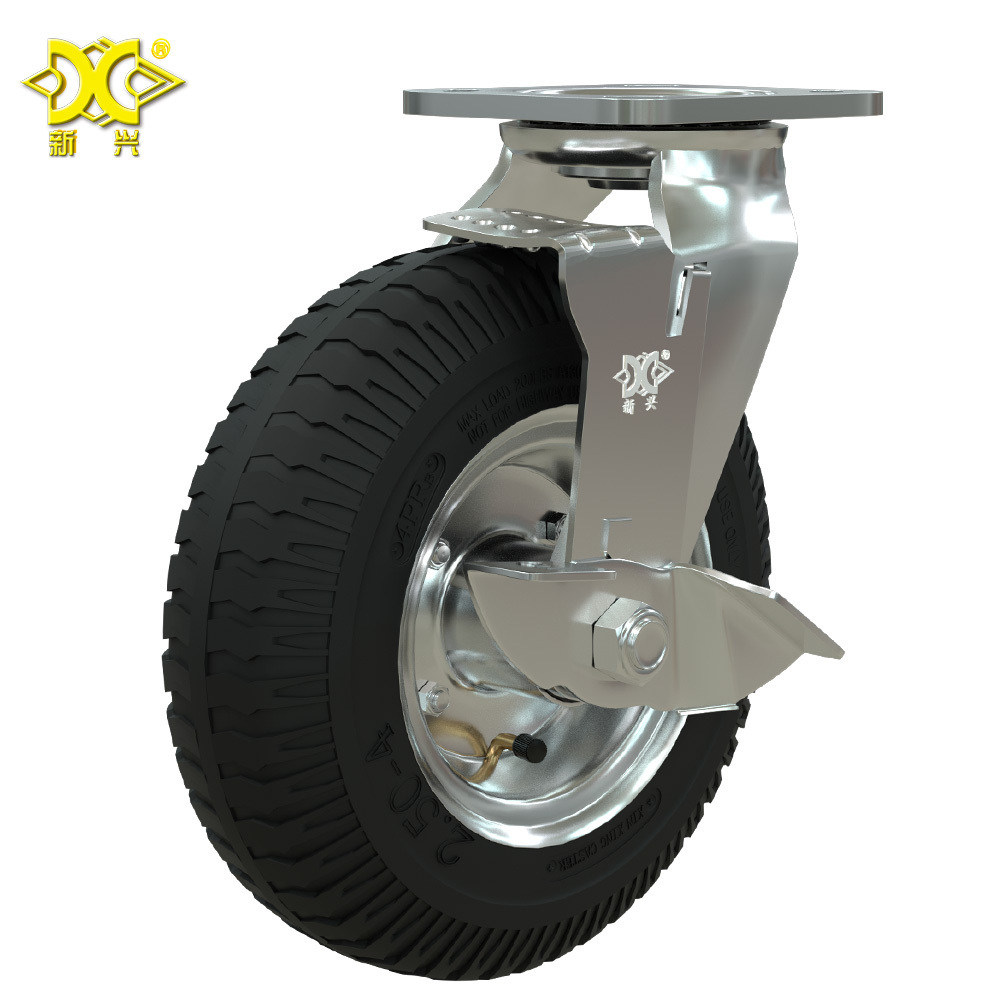 Heavy Duty Galvanized Pneumatic Swivel Plate Wheel Caster with 8 inch Rubber Air Tires Hotel Luggage Cart Hardware