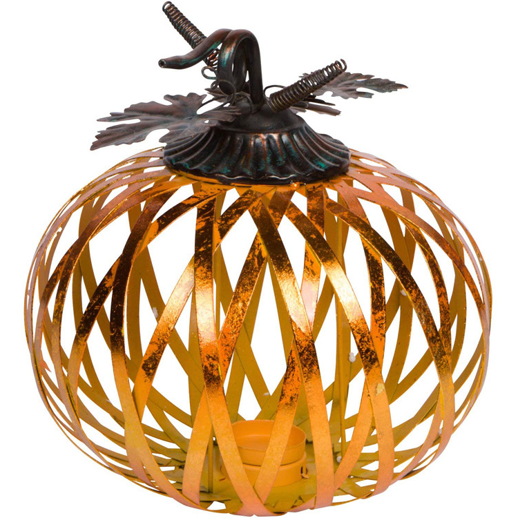 Halloween Gold Pumpkin Shape Black Vine Leaves Decorative Metal Tea Light Candle Holder