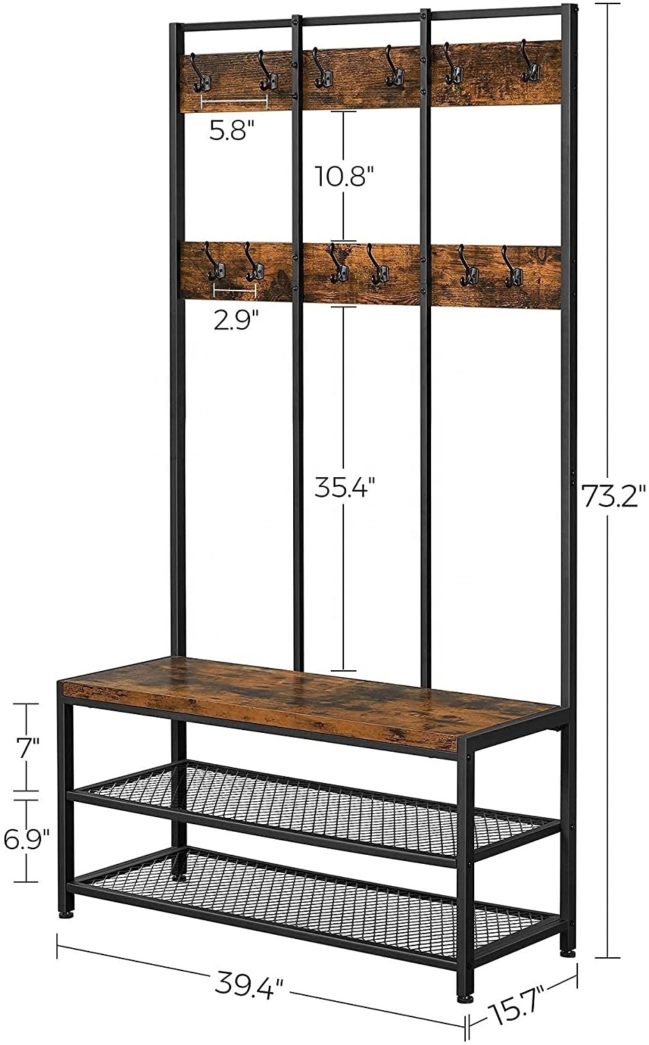 Modern Style Large Coat Rack Stand with 12 Hooks Shoe Bench Multifunctional Hallway Shelf for Home Decor