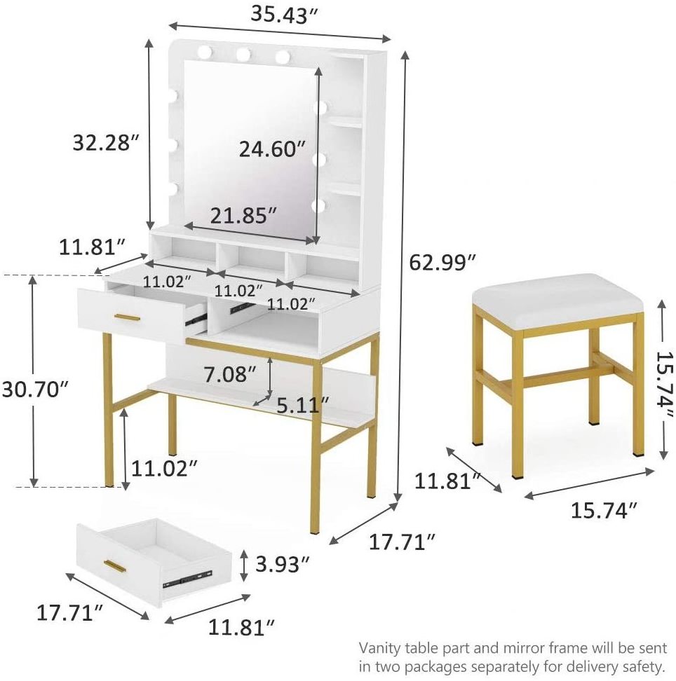 Vanity Table Set with Lighted Mirror & Stool, Makeup Vanity Dressing Table with 9 Lights, 2 Drawers and Storage Shelves Dresser