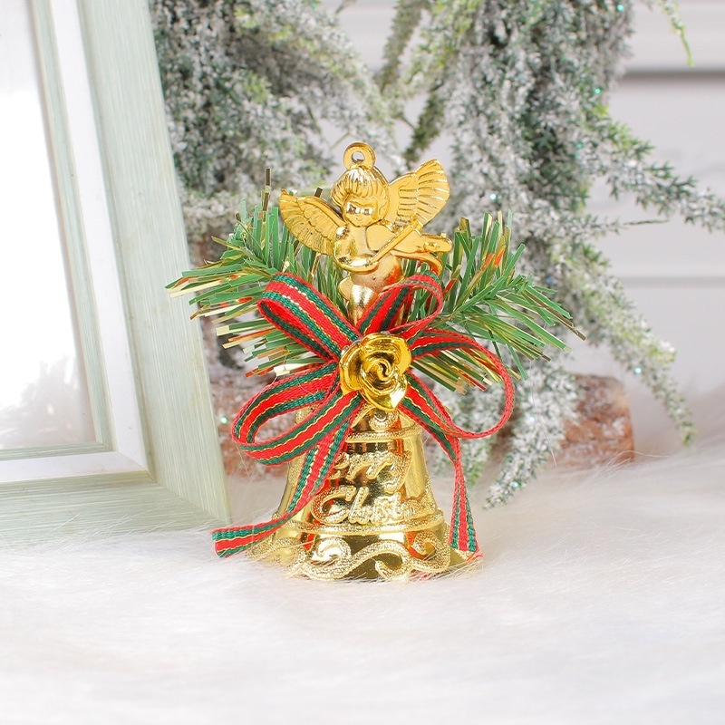 Hanging Ornament Small Merry Christmas Horn Shape Bell with Angle and Ribbon Decoration for Christmas Tree