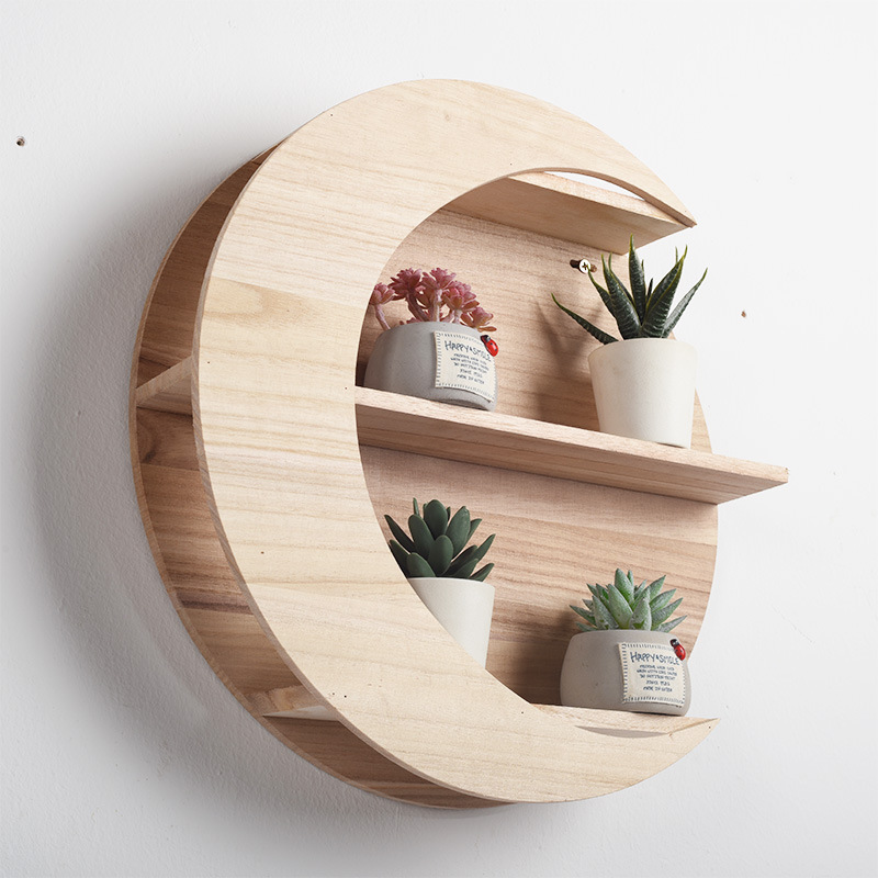 Wooden Moon Shaped 3 Tiers Decorative Storage Shelf Display Racks Wall Shelf Rack for Home Decor Living Room Kitchen Organizer