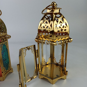 Outdoor Ramadan Lantern Gold Metal Mini Lanterns Colorful Glass Decorative Candle Lanterns Light Candle Holder