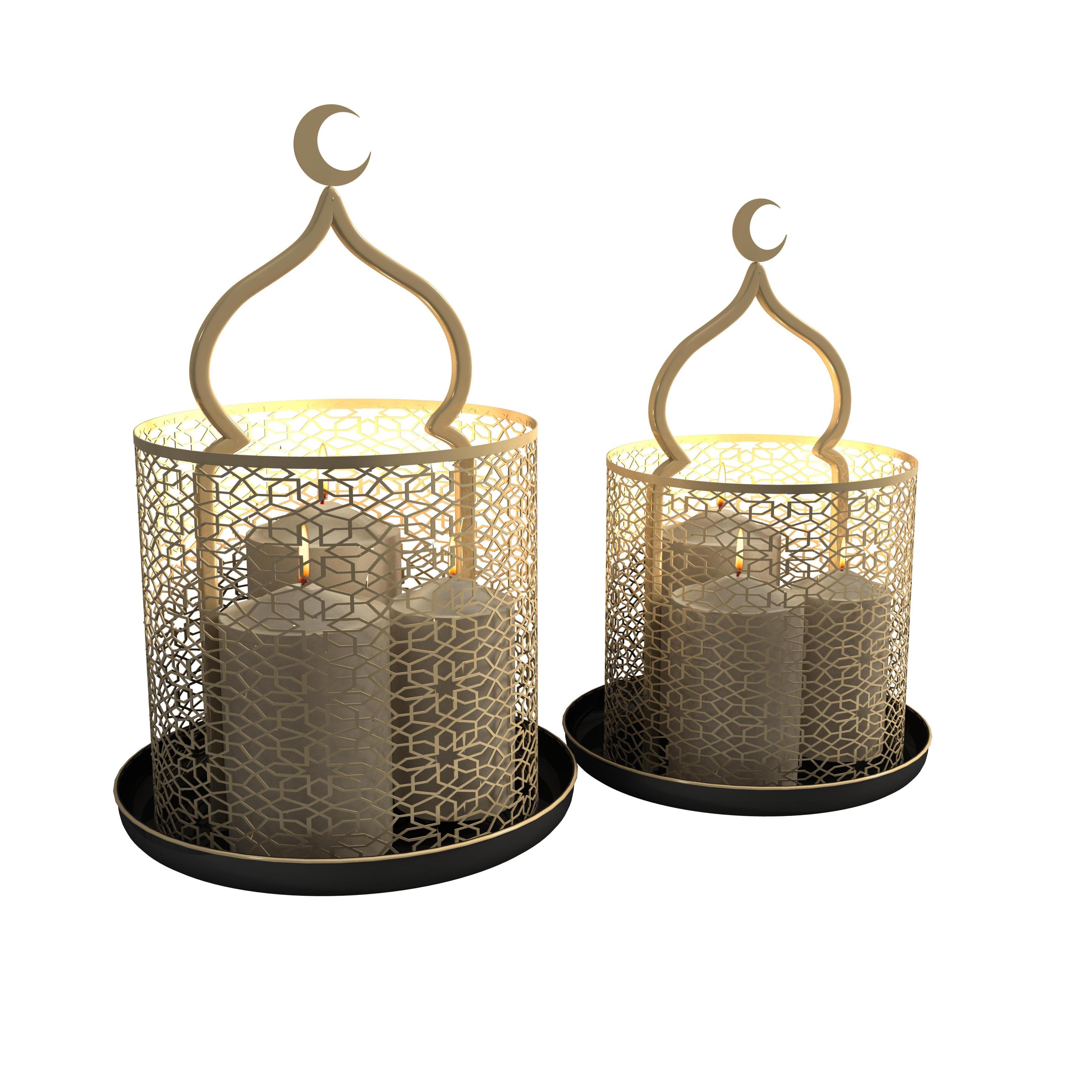 Eid Ramadan Set of 2 Decorative Metal Gold Large Candle Lantern for Living Room Bedroom Garden Holiday Gift