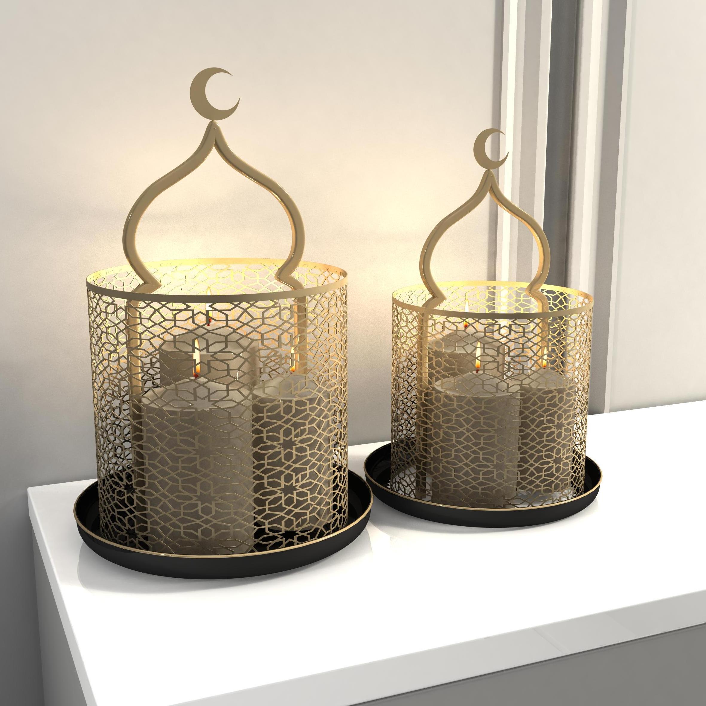 Eid Ramadan Set of 2 Decorative Metal Gold Large Candle Lantern for Living Room Bedroom Garden Holiday Gift