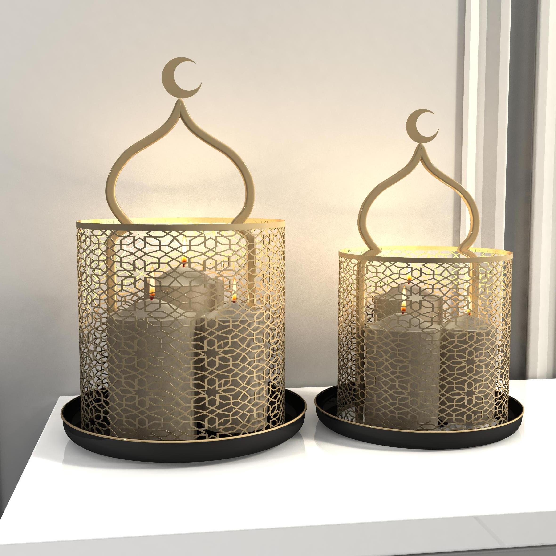 Eid Ramadan Set of 2 Decorative Metal Gold Large Candle Lantern for Living Room Bedroom Garden Holiday Gift