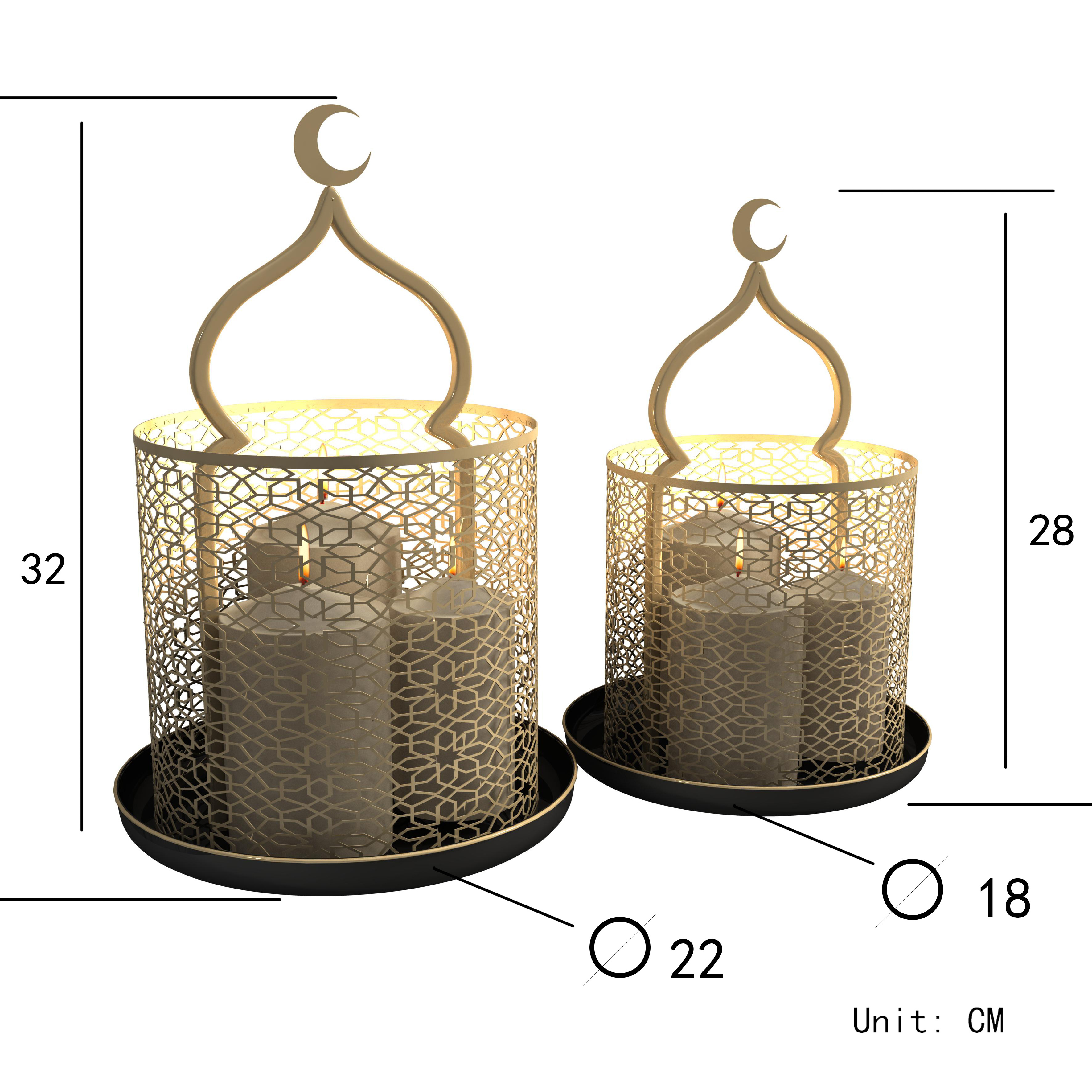 Eid Ramadan Set of 2 Decorative Metal Gold Large Candle Lantern for Living Room Bedroom Garden Holiday Gift