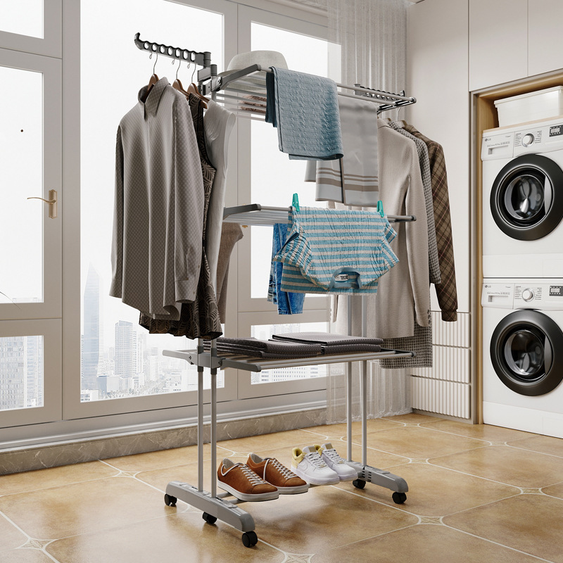 Laundry Room Three Layer Carbon Steel Cloth Rack Standing Mobile Collapsible Clothes Drying Rack