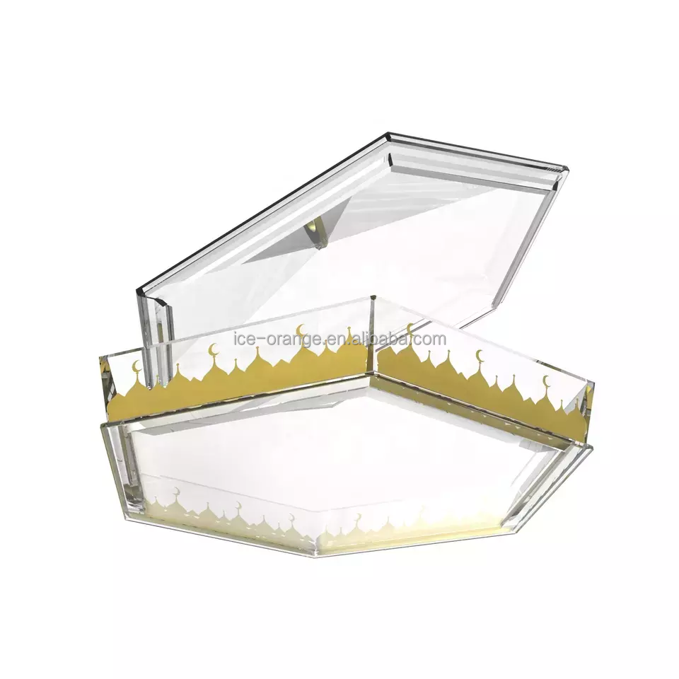 2024 Ramadan Mubarak Eid Acrylic Storage Tray with Lid Crescent Handle Home Decoration for Fruits, Nut, Bread