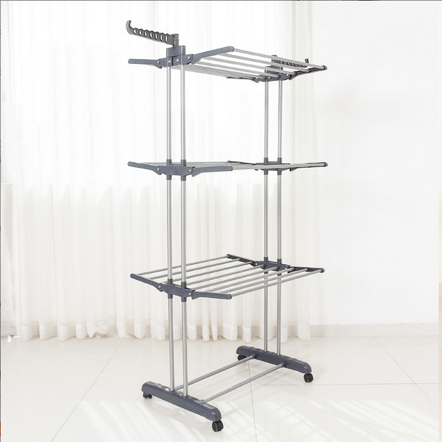 Laundry Room Three Layer Carbon Steel Cloth Rack Standing Mobile Collapsible Clothes Drying Rack