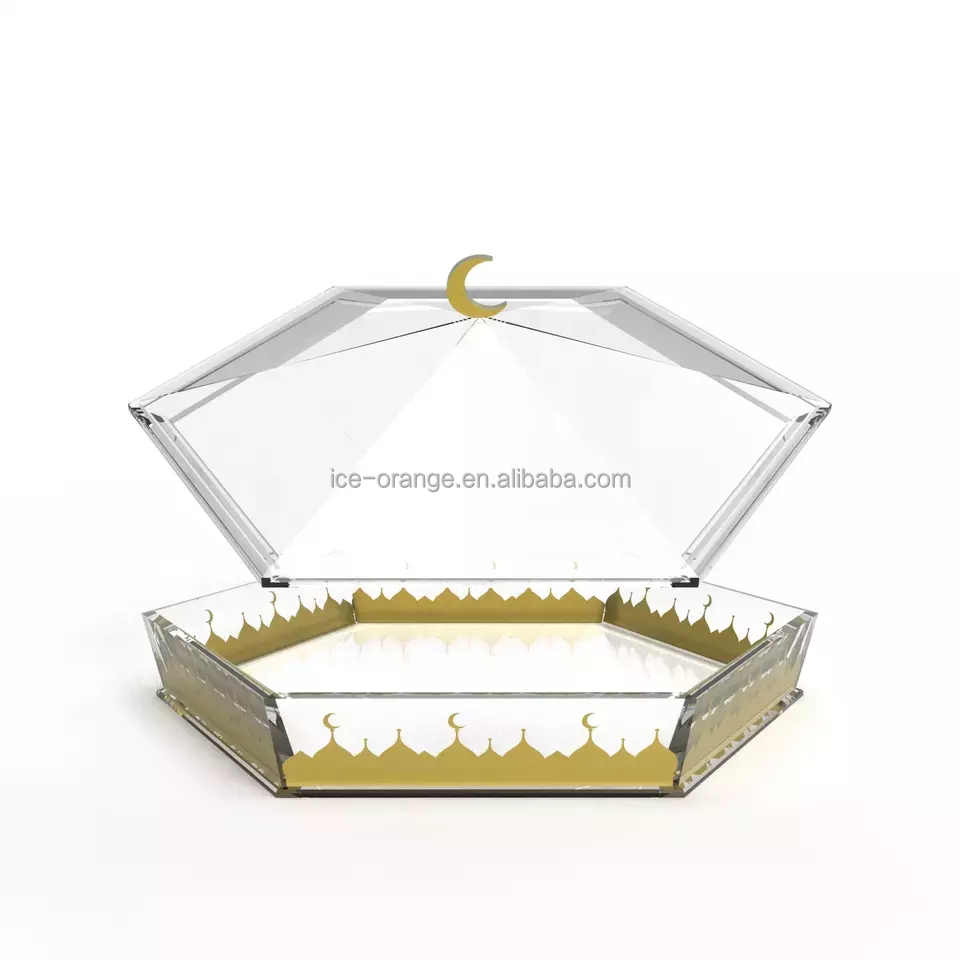 2024 Ramadan Mubarak Eid Acrylic Storage Tray with Lid Crescent Handle Home Decoration for Fruits, Nut, Bread