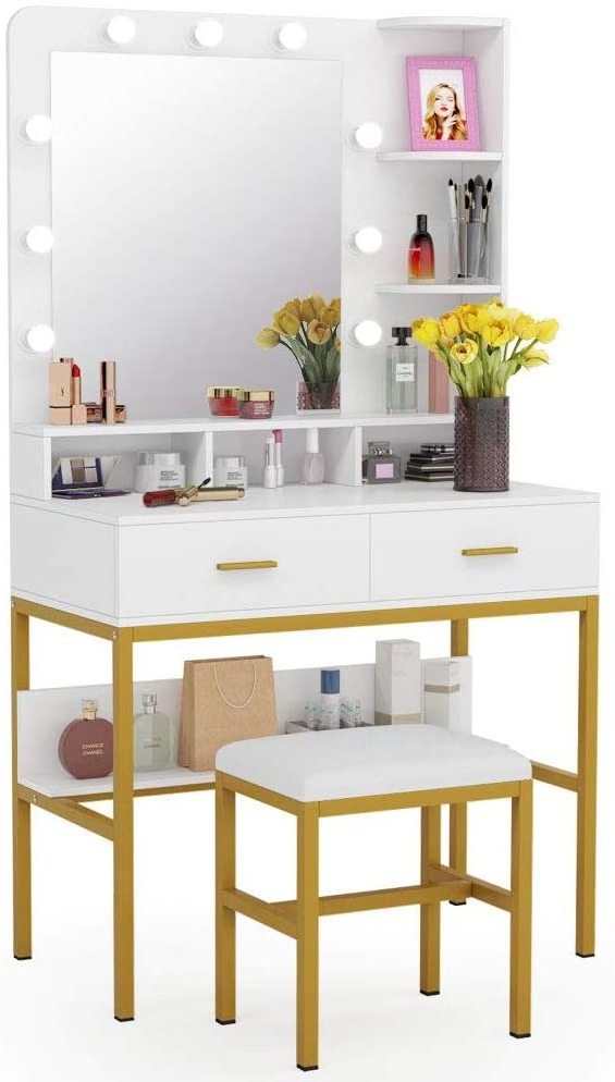 Vanity Table Set with Lighted Mirror & Stool, Makeup Vanity Dressing Table with 9 Lights, 2 Drawers and Storage Shelves Dresser