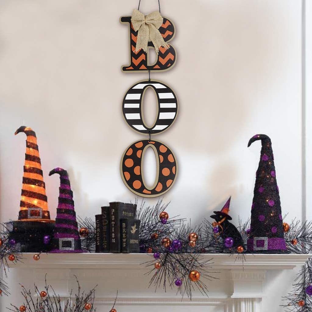 Fall Season Cozy Style Halloween Door Sign Indoor Home Wood Decoration Boo Word Sign Wall Hanging Decor