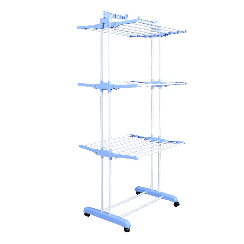 Laundry Room Three Layer Carbon Steel Cloth Rack Standing Mobile Collapsible Clothes Drying Rack