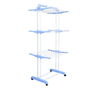 Laundry Room Three Layer Carbon Steel Cloth Rack Standing Mobile Collapsible Clothes Drying Rack